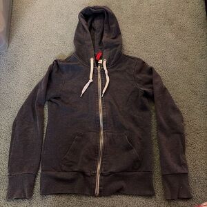 Gray Zip-Up Hoodie with White Drawstrings